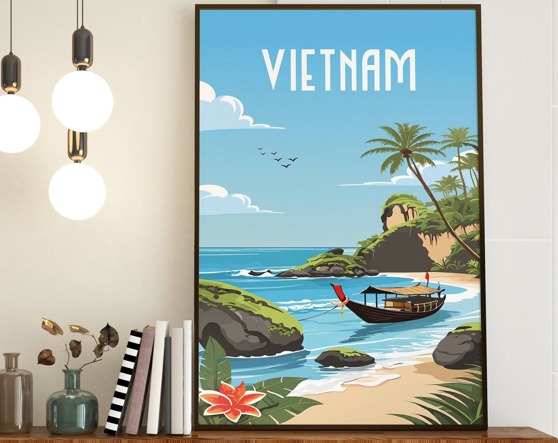 Vietnam Tropical Beach Boat Palm Turquoise Paradise Travel Poster