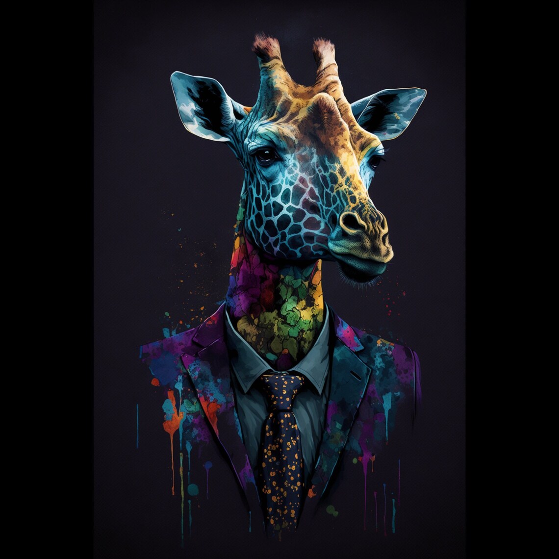 Giraffe in Dark Suit and Gold Tie Stylish Neon Office Portrait Poster