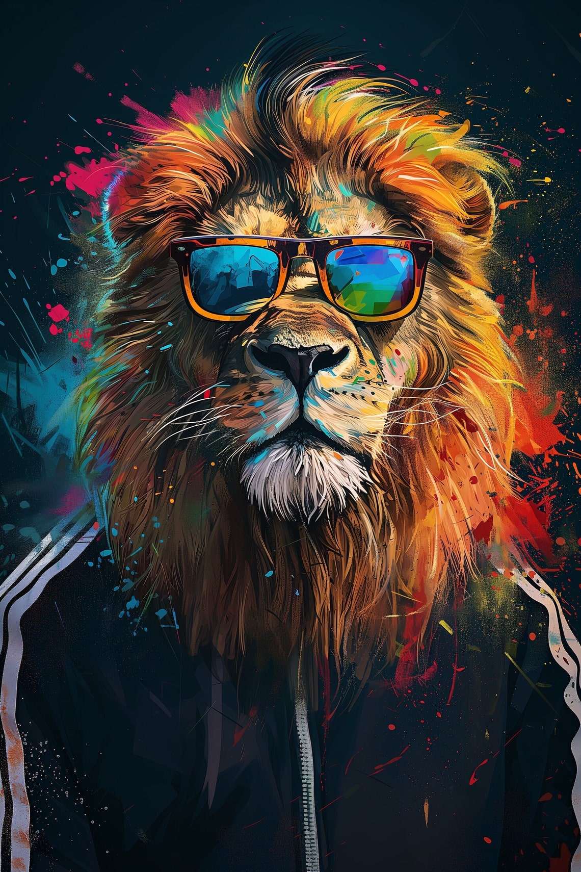 Colorful Lion In Sunglasses And Tracksuit Portrait Lion Poster Animal In Clothes Sunglasses Animal Leo Zodiac Print Safari Animal Print