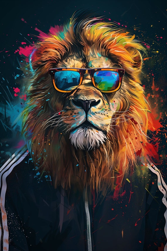 Colorful Lion In Sunglasses And Tracksuit Portrait Lion Poster Animal In Clothes Sunglasses Animal Leo Zodiac Print Safari Animal Print