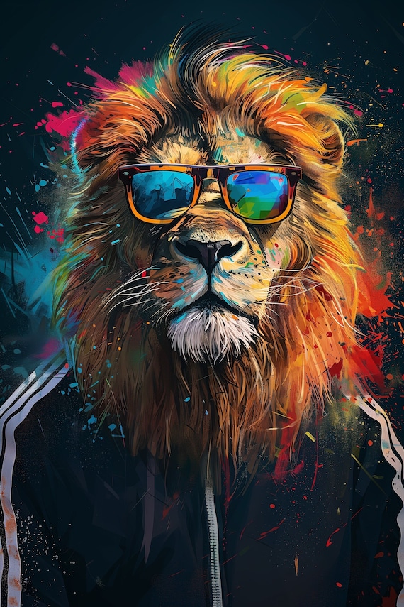 Lion in Sunglasses and Tracksuit Colorful Street Style Animal Poster