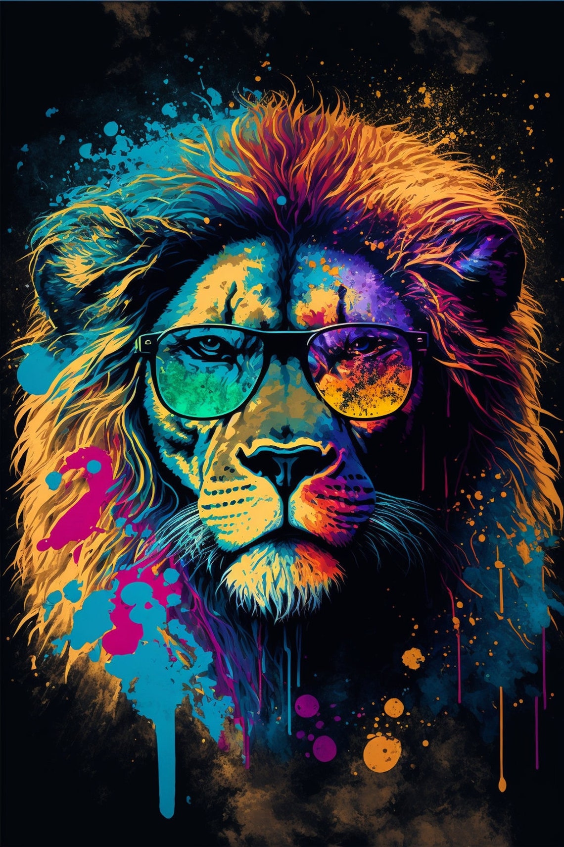 Colorful Lion In Sunglasses Portrait Print Vibrant Portrait Of Majestic Lion With Sunglasses Colorful Lion Poster Wall Art