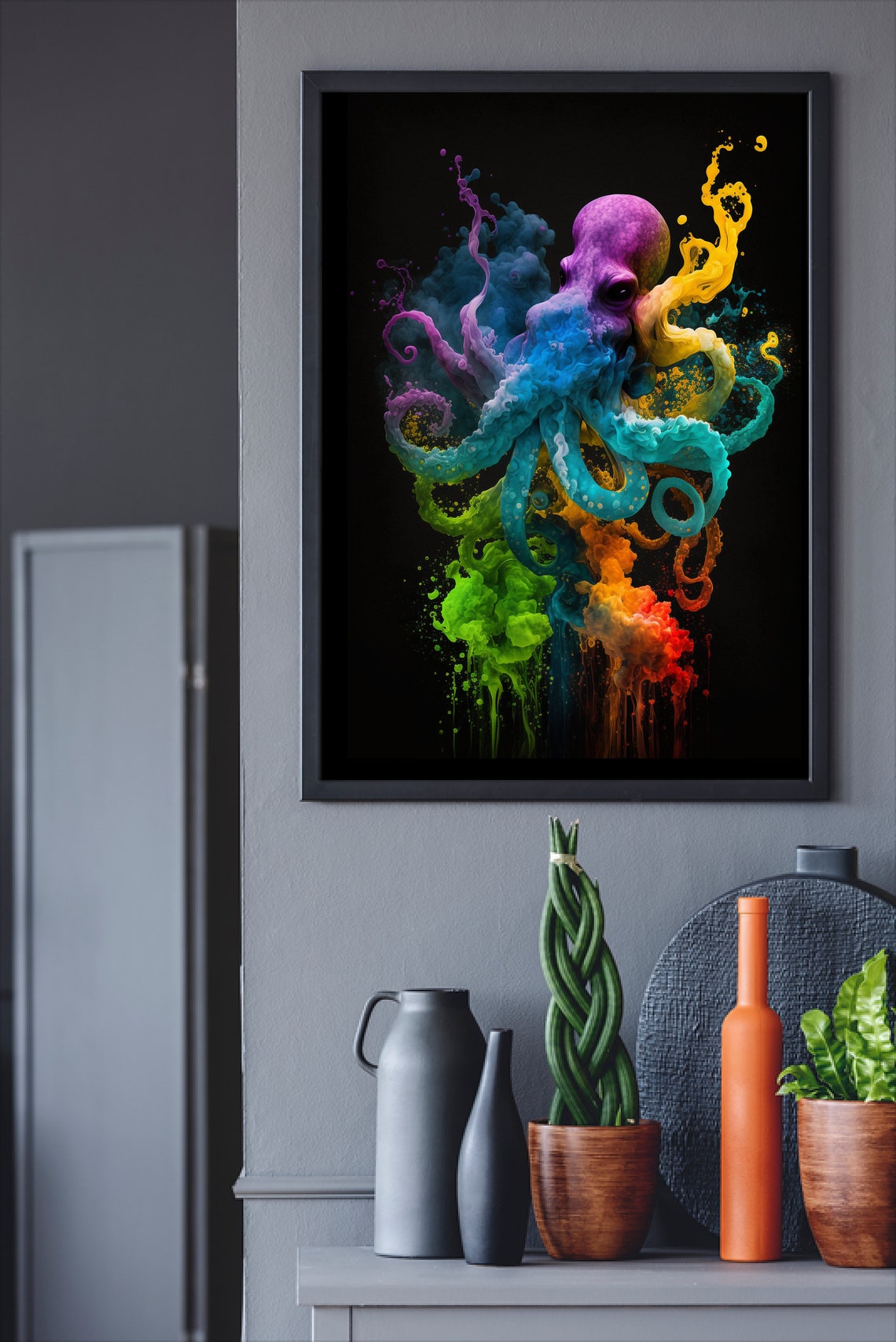Octopus in Rainbow Ink Clouds Dramatic Colorful Sea Life Art Poster - Image 2