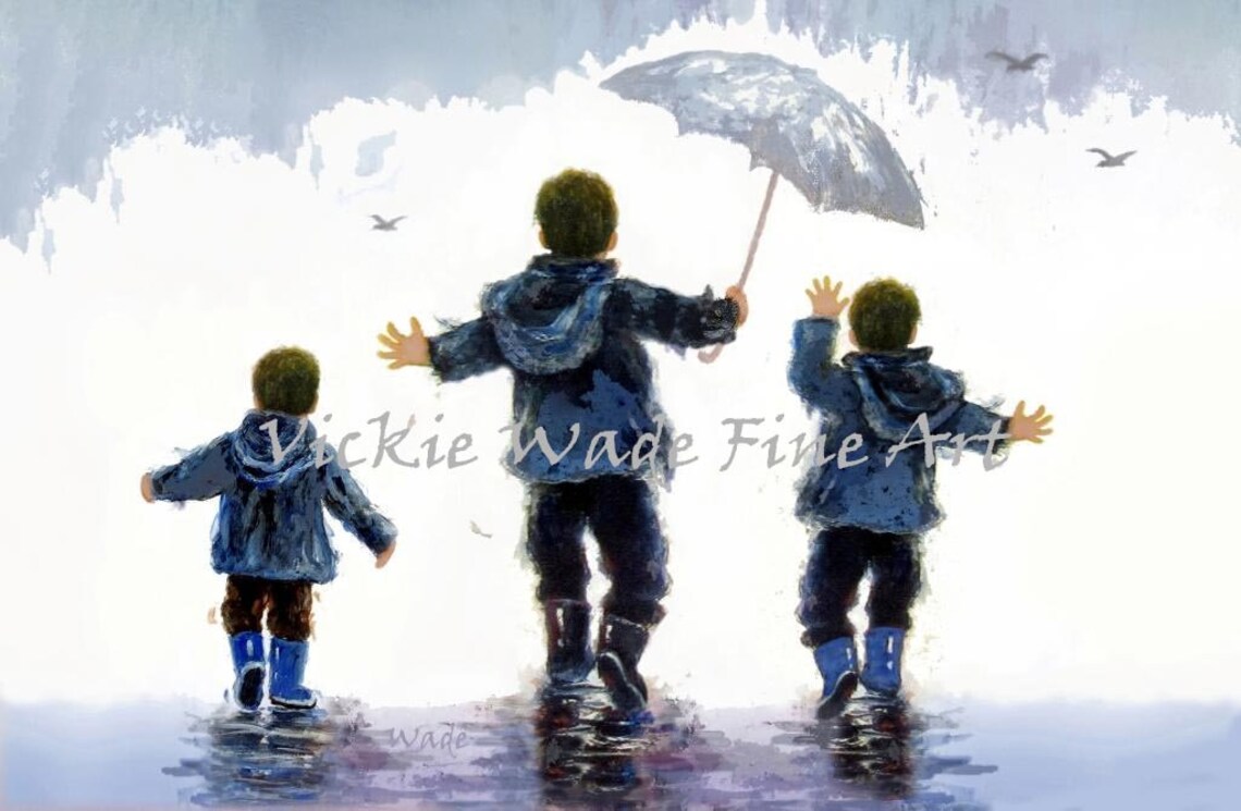Three Brothers Splashing Through Puddles in Rain with Umbrella Poster