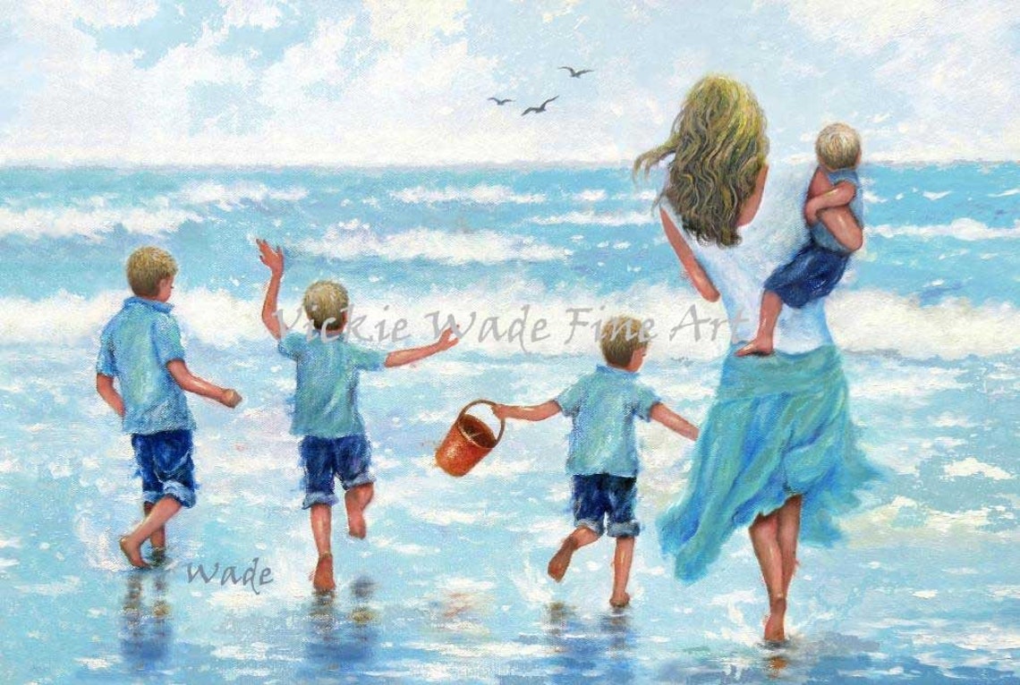 Joyful Mother and Her Four Sons Running into the Ocean Waves Poster