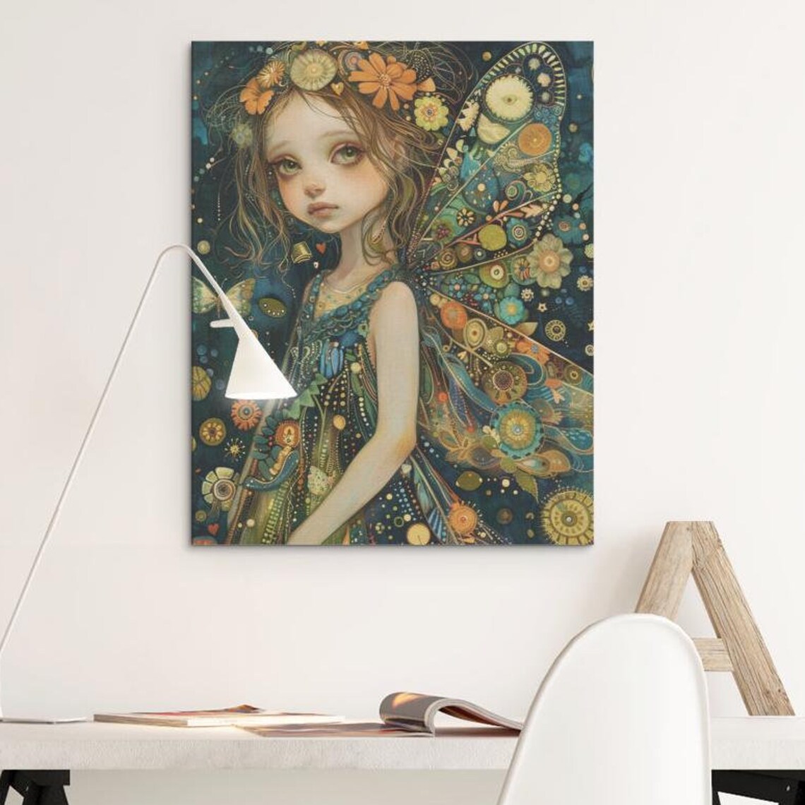 Little Fairy with Flower Crown and Butterfly Wings Watercolor Poster