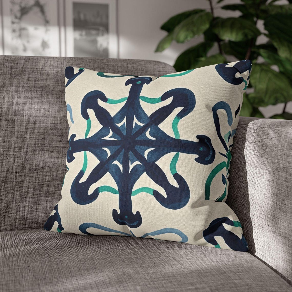 Navy Teal Geometric Medallion Pattern Boho Pillow Cover Print