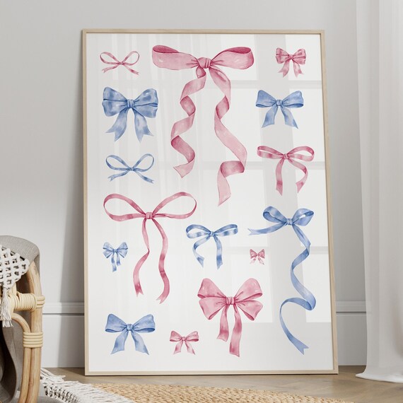 Pink Blue Watercolor Ribbon Bows Coquette Style Bow Wall Art