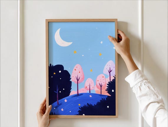 Moonlit Night Forest Wall Art Whimsical Landscape Print For Kids Room Cute Crescent Moon Stars Sky Illustration Toddler Girls Decor