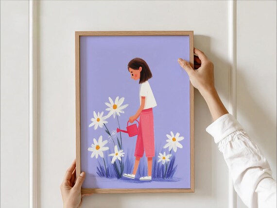 Daisy Flower Girl Poster Gardeningstorybook Nursery Wall Art Purple Bedroom Playroom Decor Toddler Room Girly Print