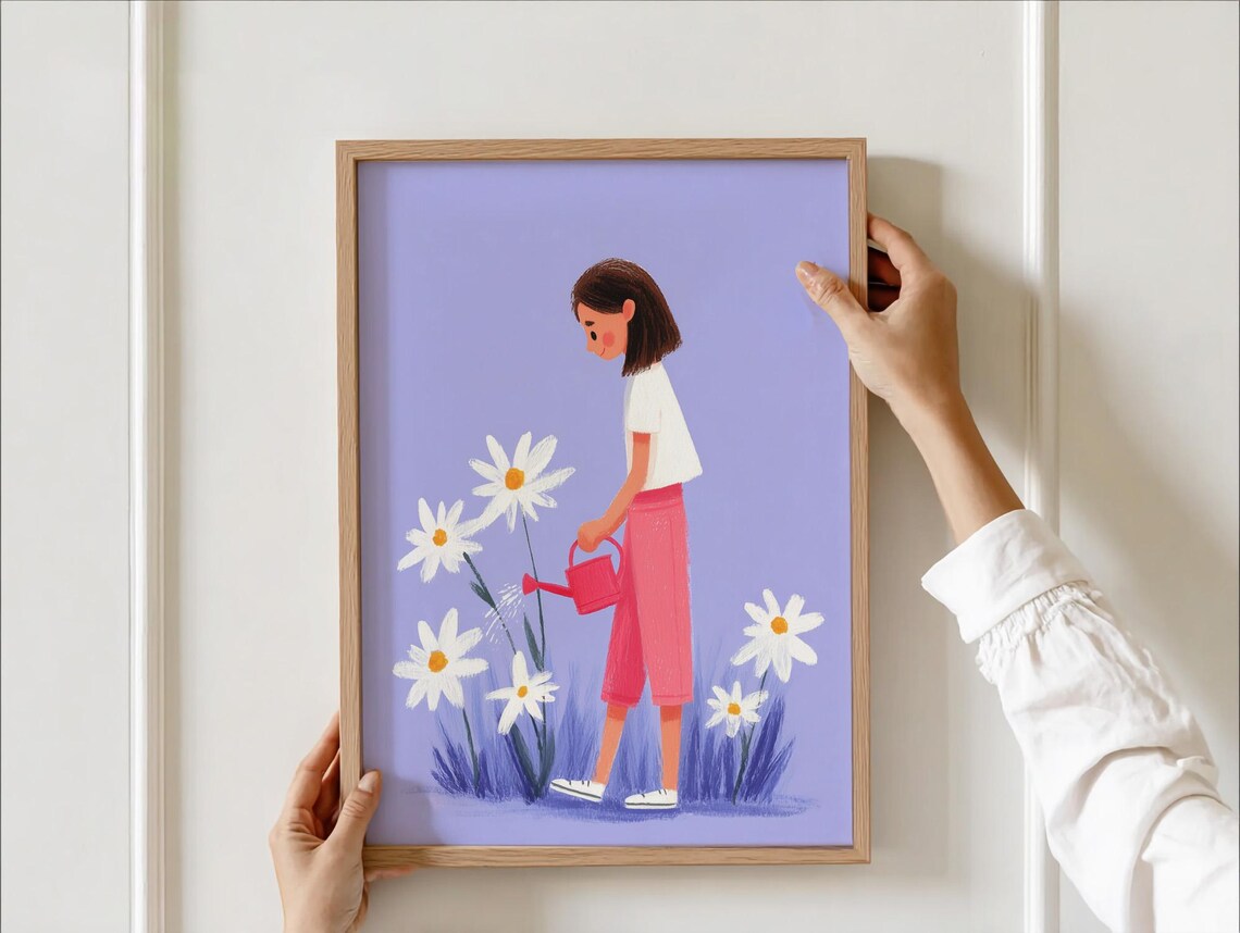 Girl Watering Daisies Purple Background Nursery Illustration Poster