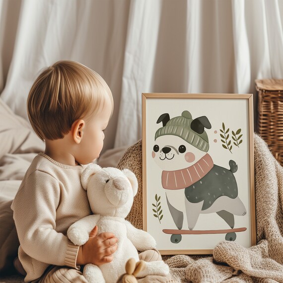 Bulldog Skateboard Print Nursery Wall Art Whimsical Dog Playroom Decor Eclectic Toddler Room Boys