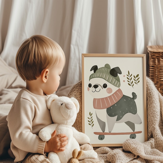 Skateboarding Bulldog With Beanie Whimsical Kids Nursery Poster