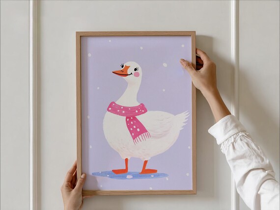 White Goose in Pink Polka Dot Scarf Winter Snow Nursery Poster