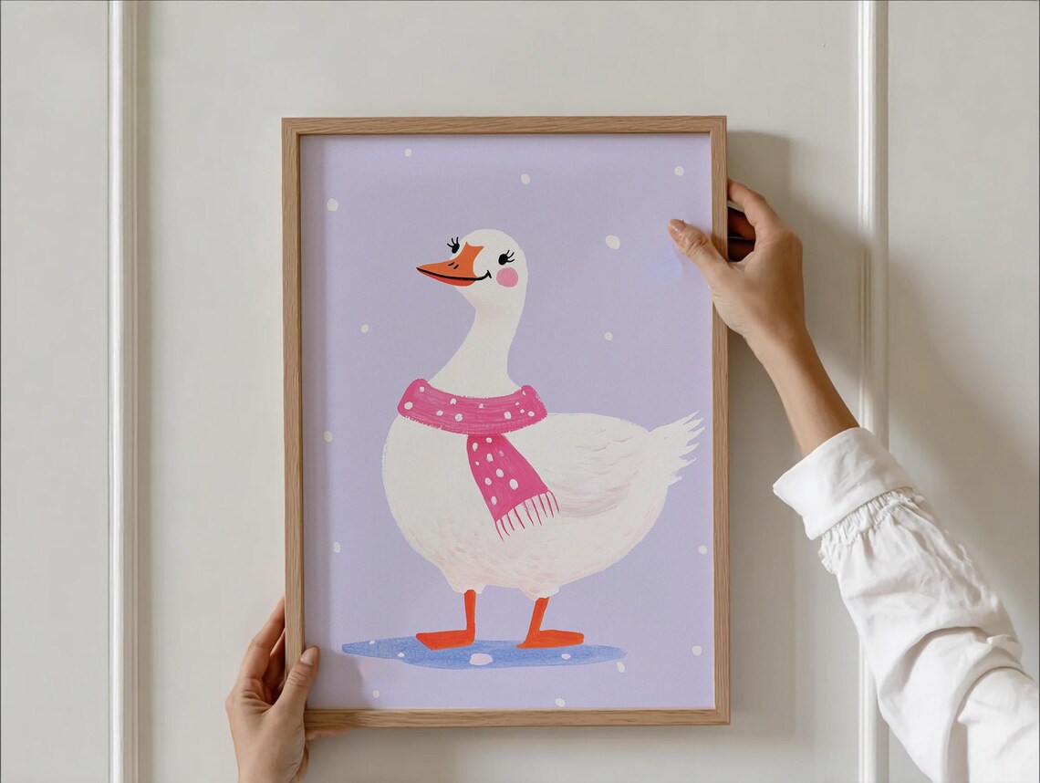 White Goose in Pink Polka Dot Scarf Winter Snow Nursery Poster