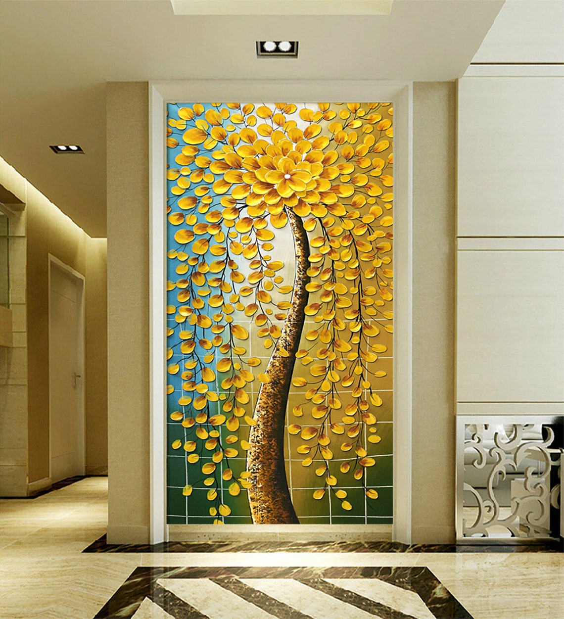 Golden Weeping Flower Tree With Curved Trunk Oil Paint Poster - Image 4