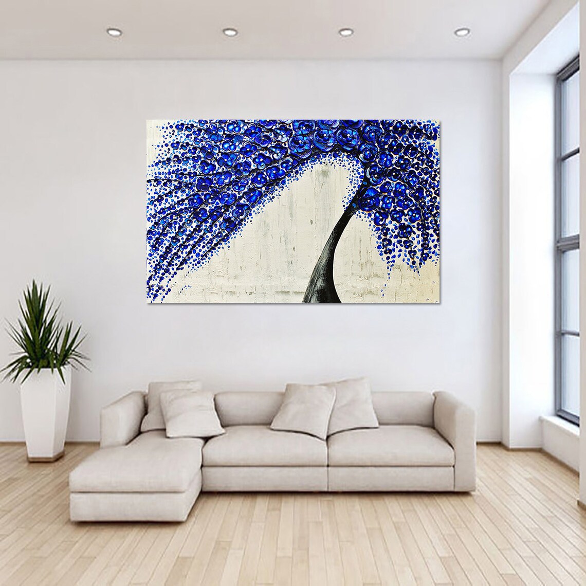 Enchanting Blue Flower Tree Palette Knife Jewel Tone Floral Poster - Image 3