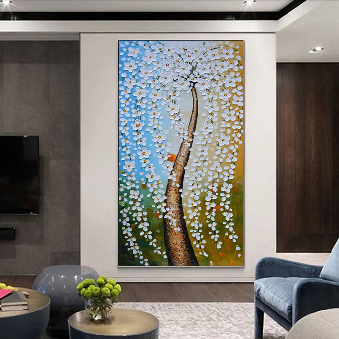 White Weeping Flower Tree On Blue Gold Textured Oil Paint Poster - Image 4