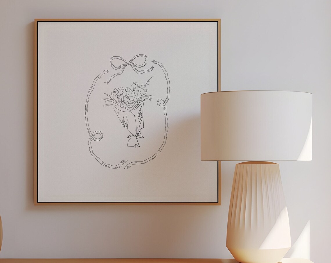 Simple Black Bow Floral Bouquet Line Art Minimal Sketch Poster