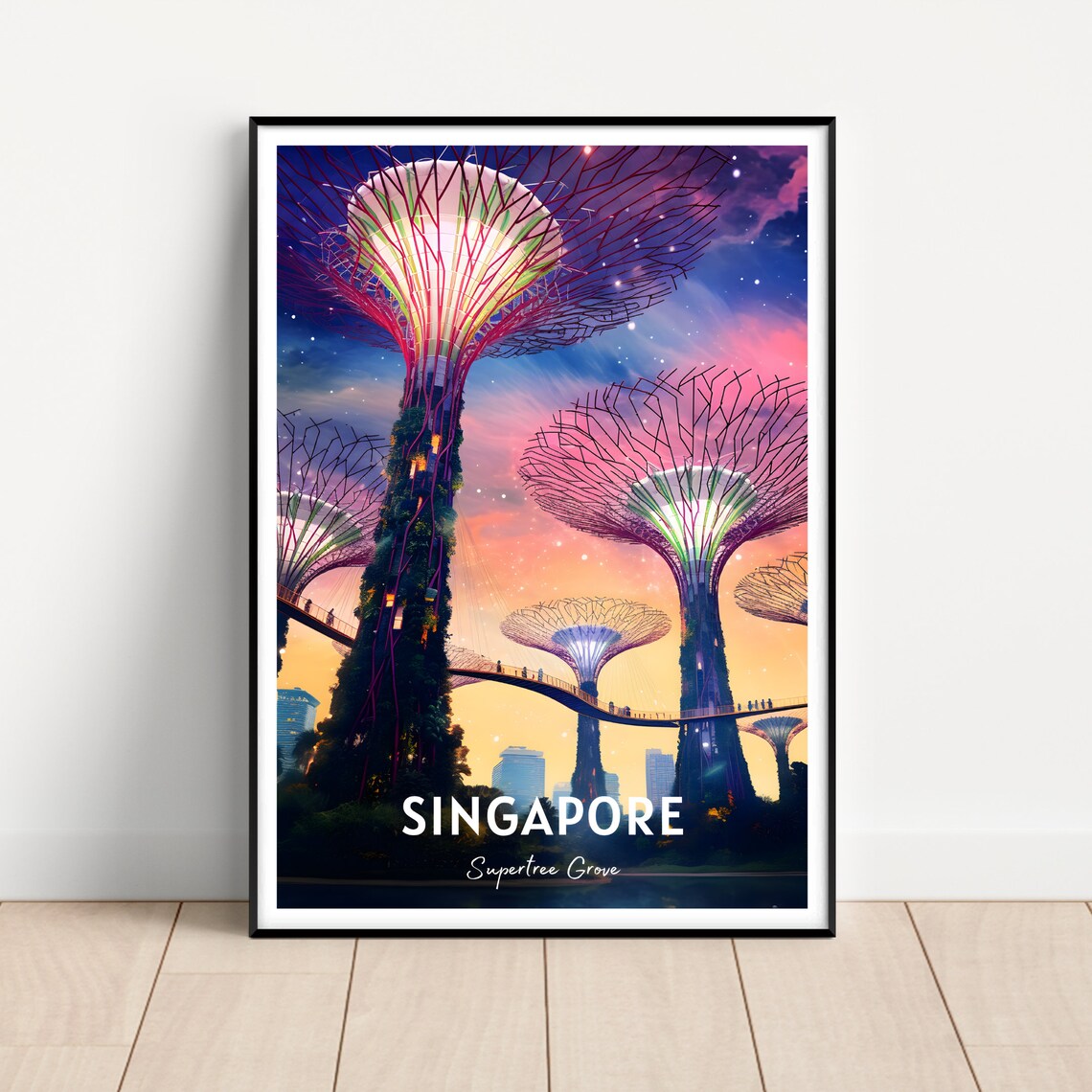 Singapore Supertree Grove Starry Night Sky Retro Travel Poster