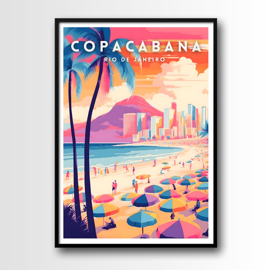 Copacabana Rio de Janeiro Beach Sunset Art Deco Style Travel Poster