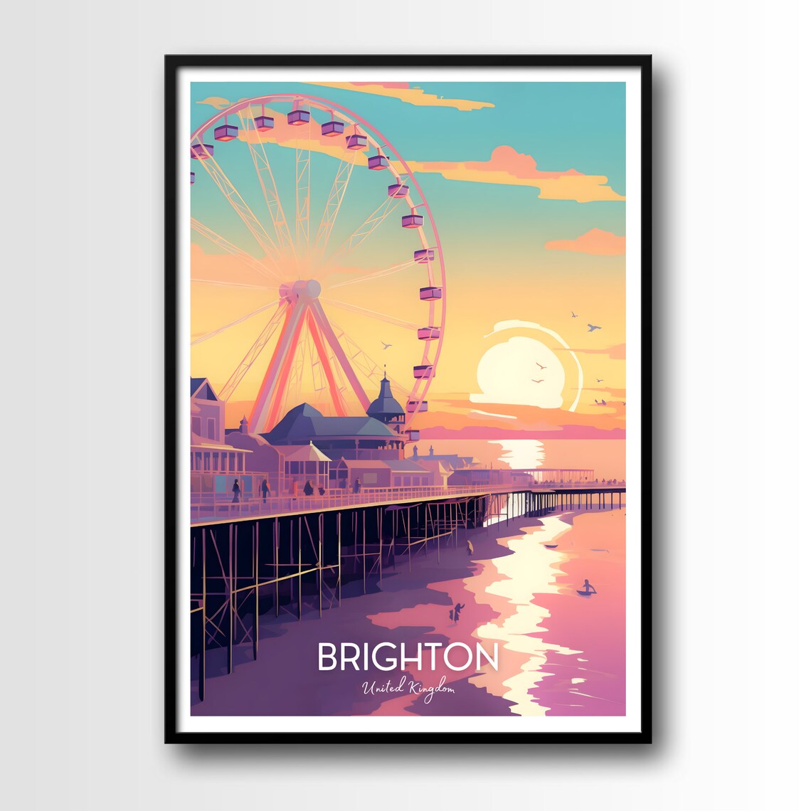 Brighton United Kingdom Pier Ferris Wheel Sunset Travel Poster