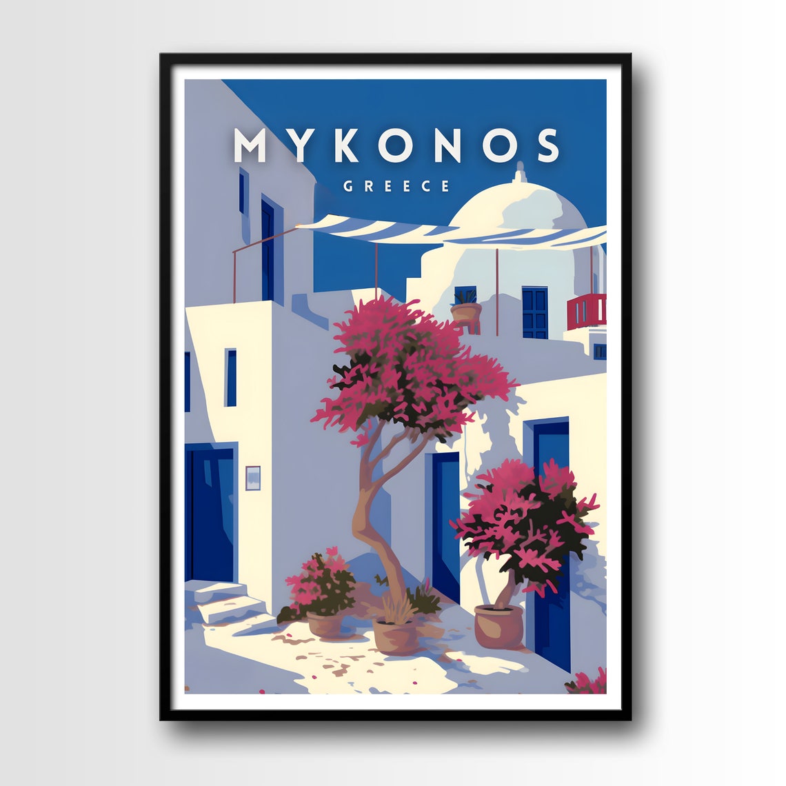 Mykonos Greece Cyclades Whitewashed Alley Bougainvillea Travel Poster