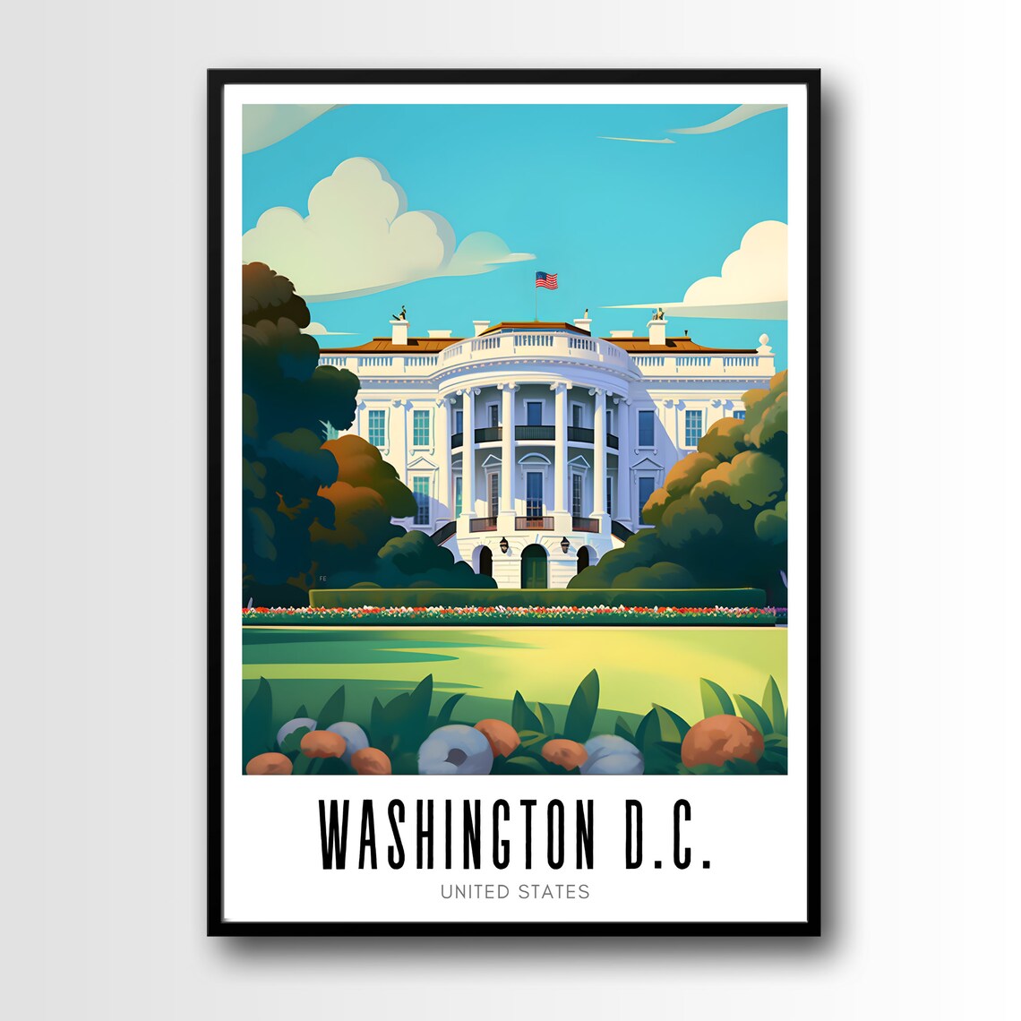 Washington DC White House Lawn American Flag Vintage Travel Poster