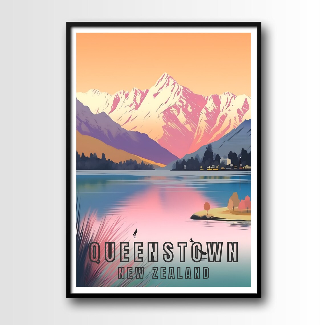 Queenstown New Zealand Snowy Mountain Sunset Lake Mirror Travel Poster
