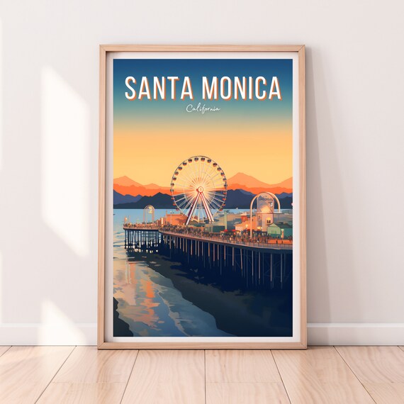 Santa Monica Pier Sunset Ferris Wheel California Travel Art Poster