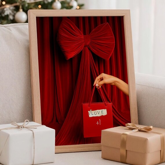 Love Plus One Red Gift Bag Velvet Bow Holiday Announcement Poster