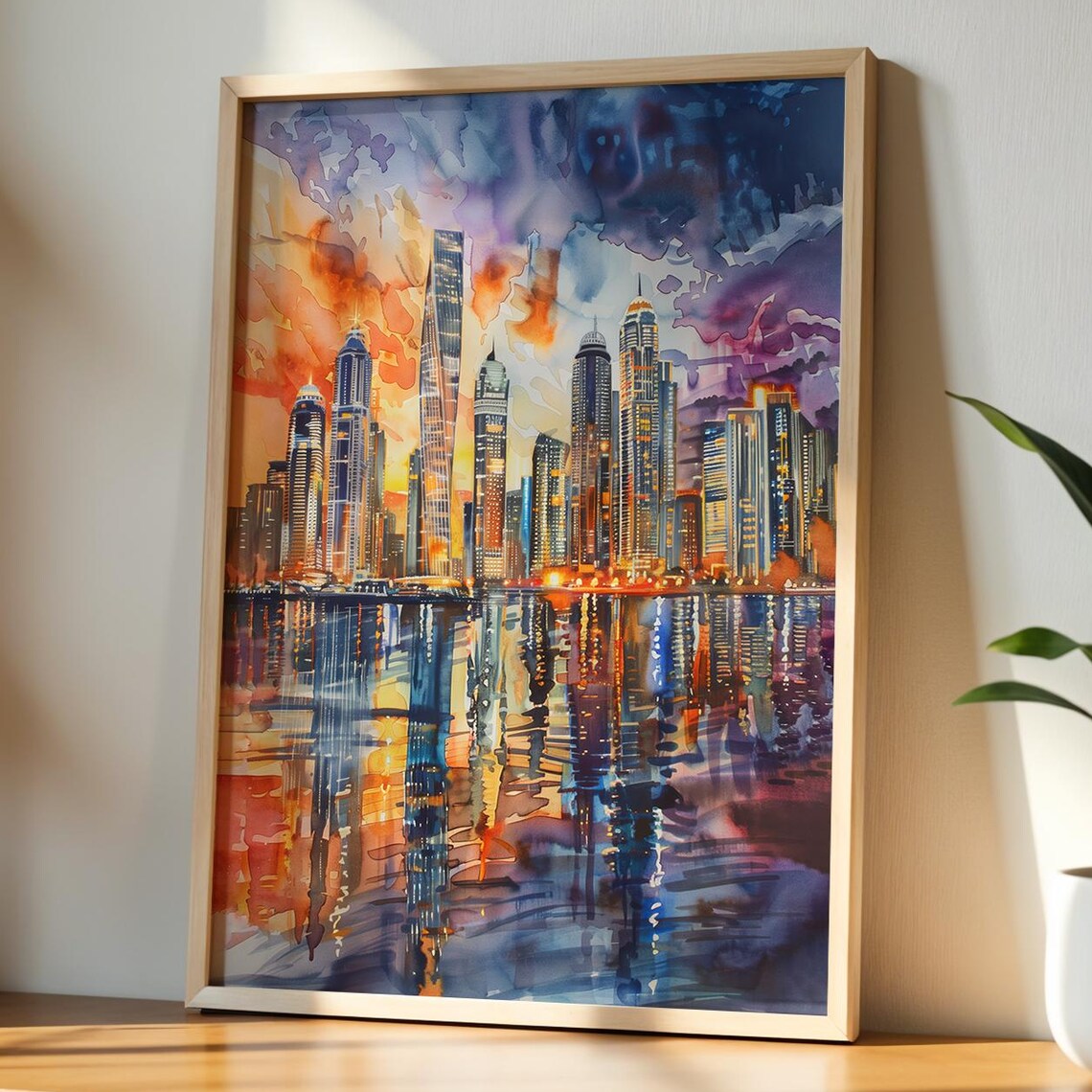 Dubai Marina Sunset Skyline Watercolor Vibrant Reflections Poster