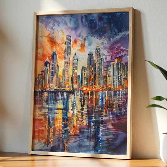 Dubai Marina Sunset Skyline Art Print Vibrant Cityscape Wall Decor Modern Middle Eastern Home Luxury Travel Poster