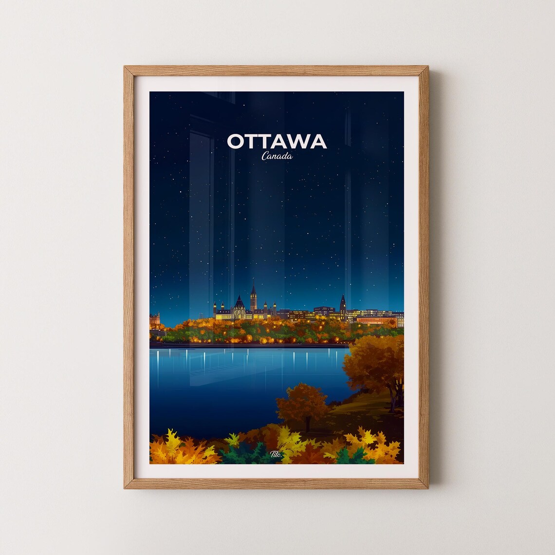 Ottawa Canada Parliament Hill Night Skyline Fall Foliage Travel Poster