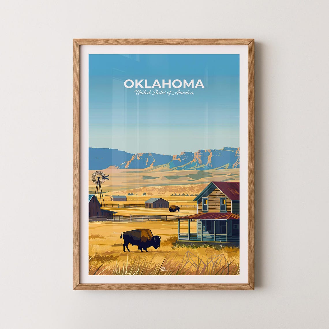 Oklahoma Bison Buffalo Ranch Prairie Homestead Sunset Poster