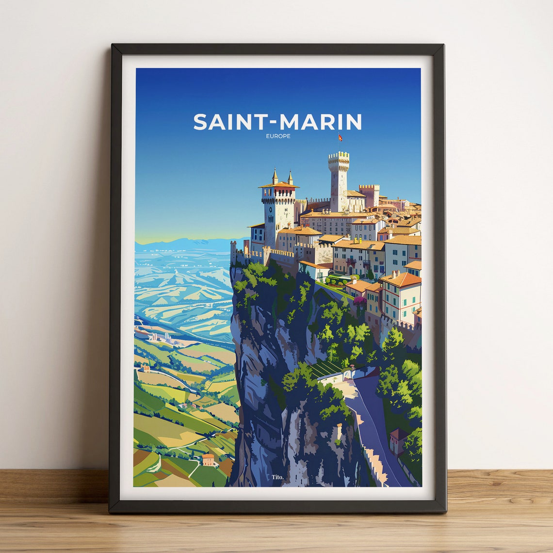 San Marino Ancient Cliff Citadel Panoramic Vintage Travel Poster