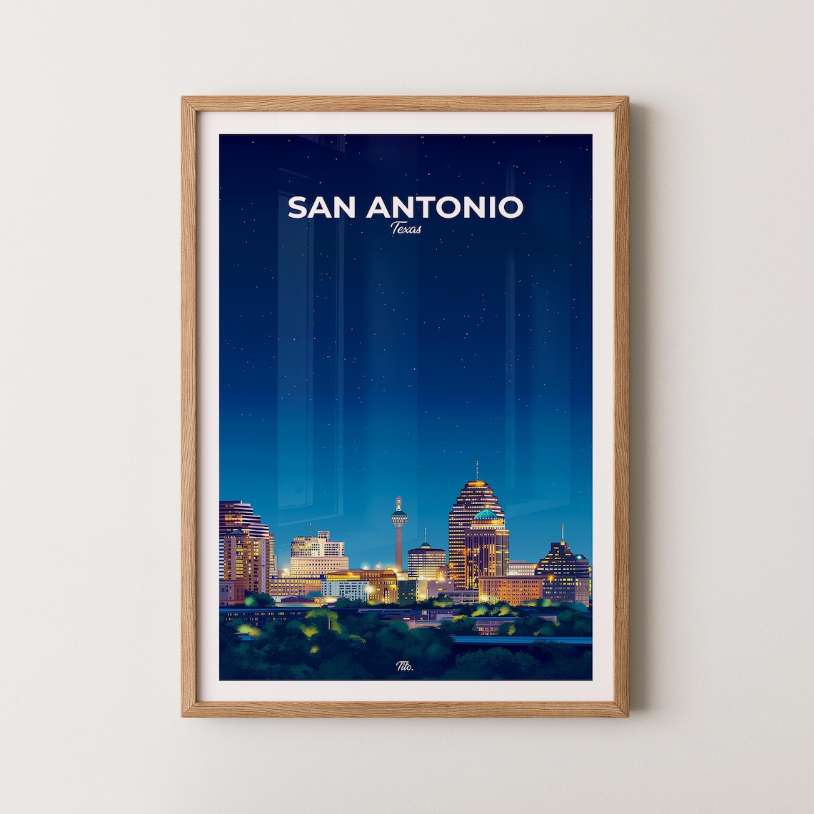 San Antonio Texas Tower of the Americas Night Skyline Travel Poster