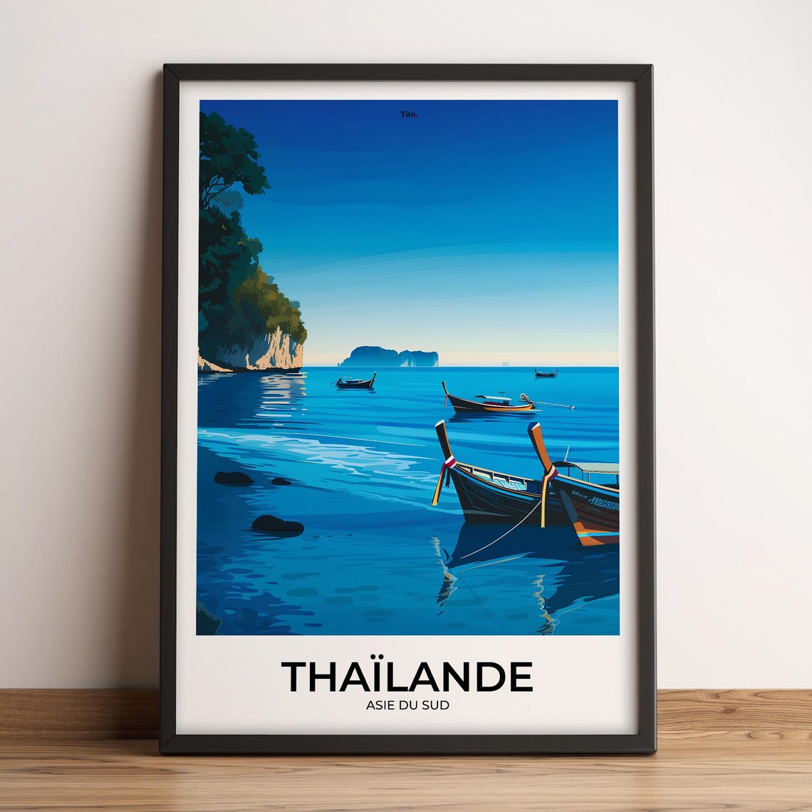 Thailand Longtail Boats Tropical Beach Cliffs Sea Travel Poster