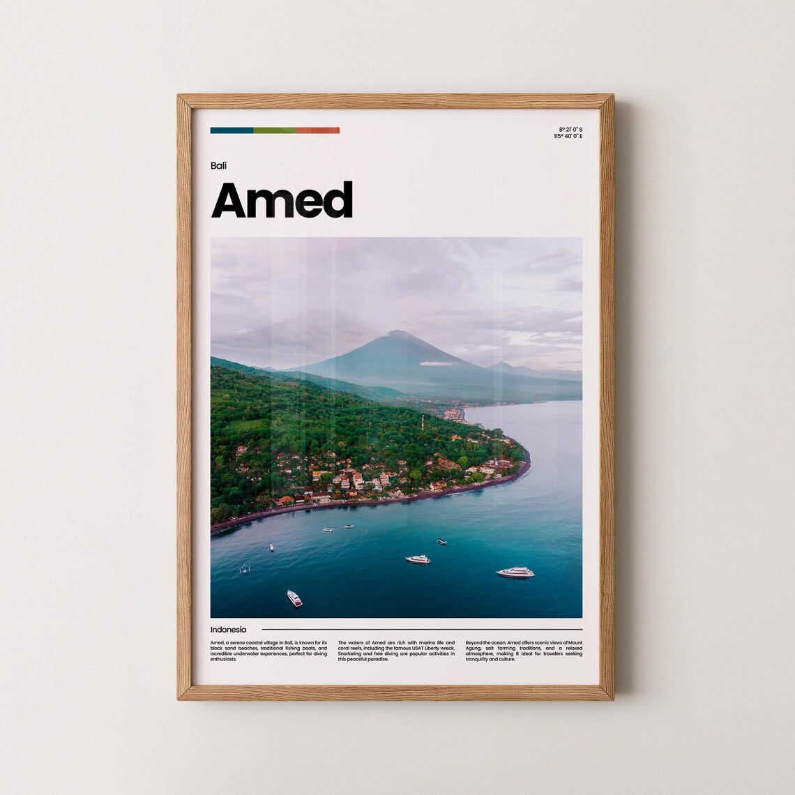 Amed Bali Mount Agung Coastal Bay Boats Aerial Photography Poster