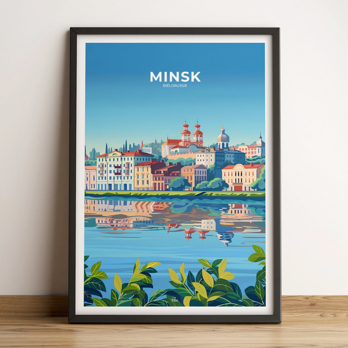 Minsk Belarus River Reflection Historic Skyline Travel Poster
