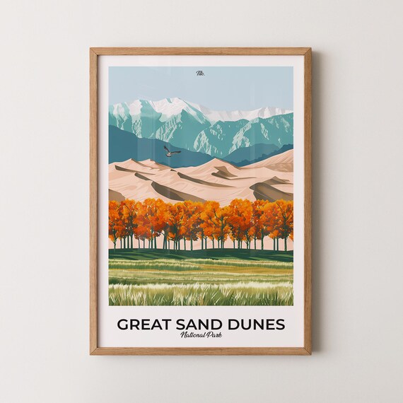 Great Sand Dunes Colorado Snowy Peaks Retro Travel Wall Poster