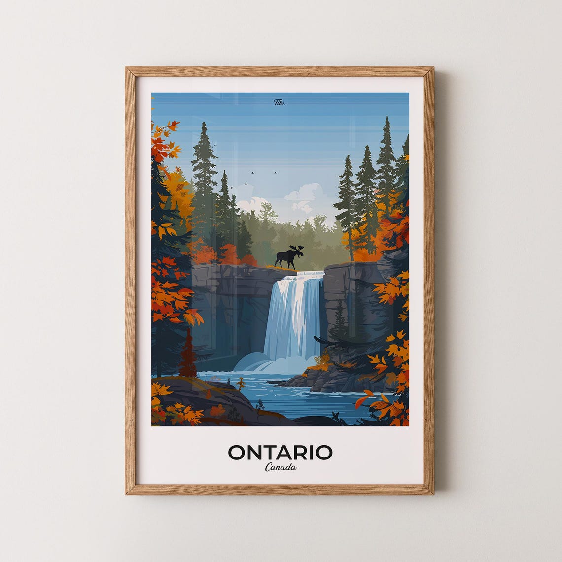Ontario Canada Moose Autumn Forest Waterfall Scenic Travel Poster