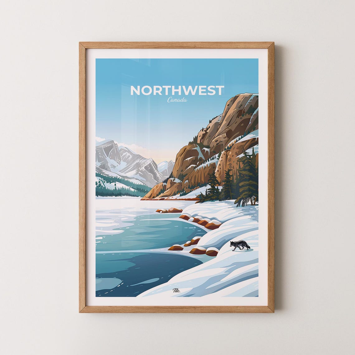 Northwest Canada Snowy Shoreline Wolf Mountain Winter Travel Poster