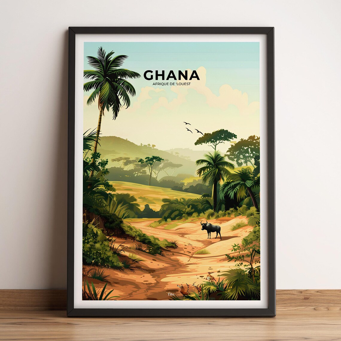 Ghana Palm Savanna Buffalo Sunset Scene Vintage Travel Poster