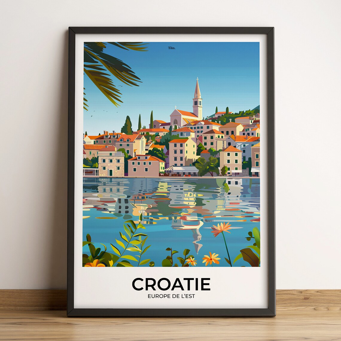Croatia Coastal Town Red Roofs Church Spire Harbor Travel Poster