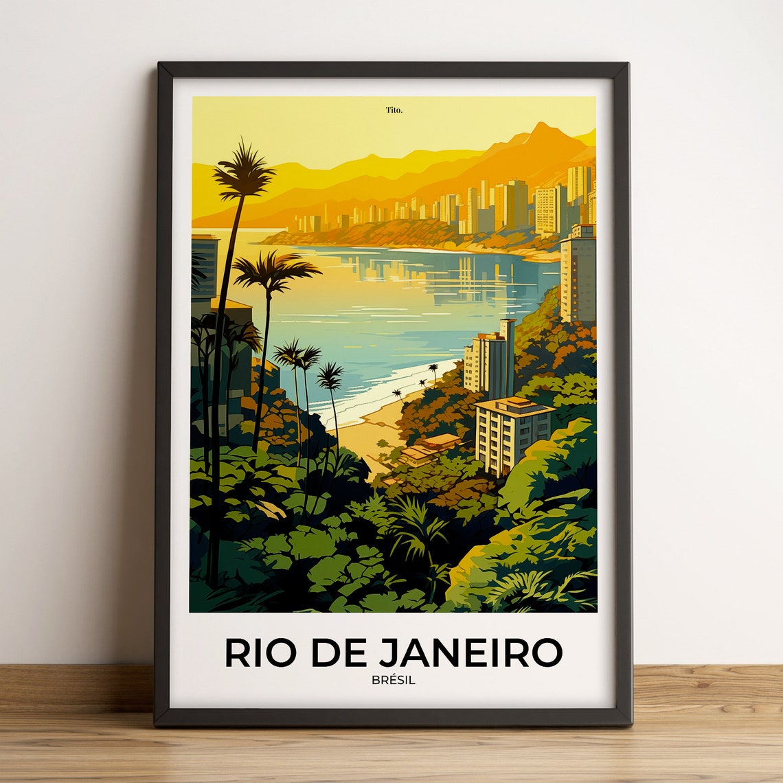 Rio de Janeiro Brazil Sunset Bay Palms Beach Tropical Travel Poster
