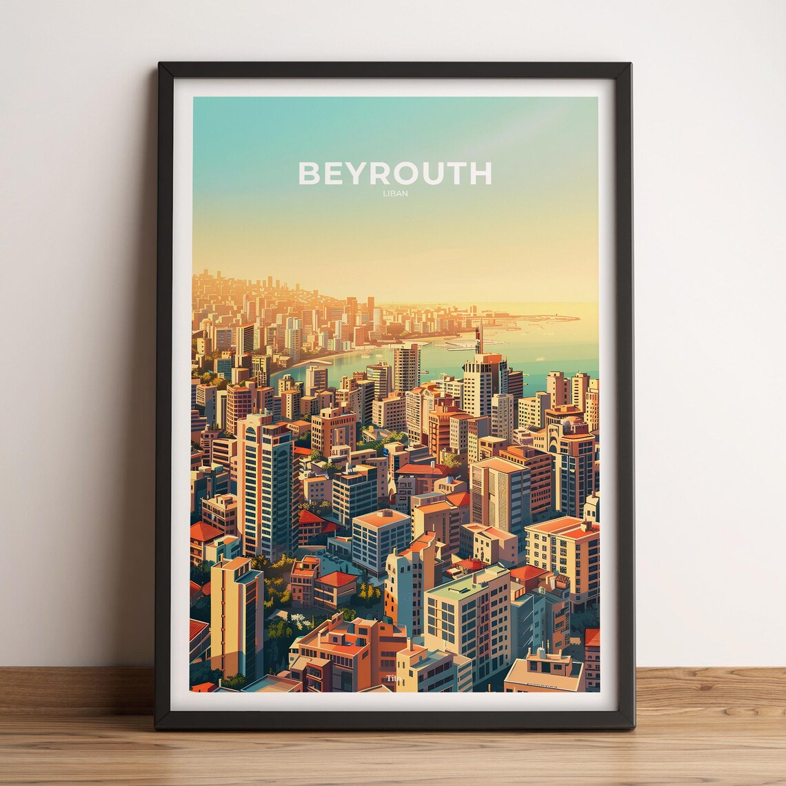 Beirut Lebanon Mediterranean Cityscape Golden Sunset Travel Poster