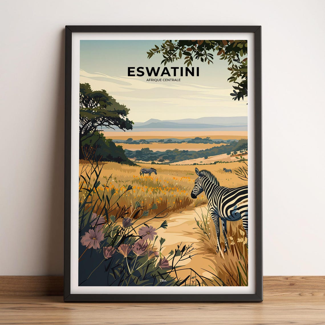 Eswatini Zebra Golden Savanna Wildlife Vintage Travel Poster
