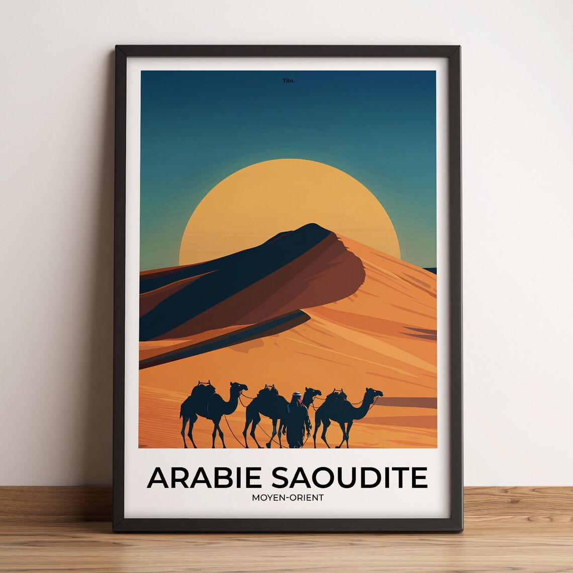 Saudi Arabia Desert Camel Caravan Sunset Vintage Travel Poster