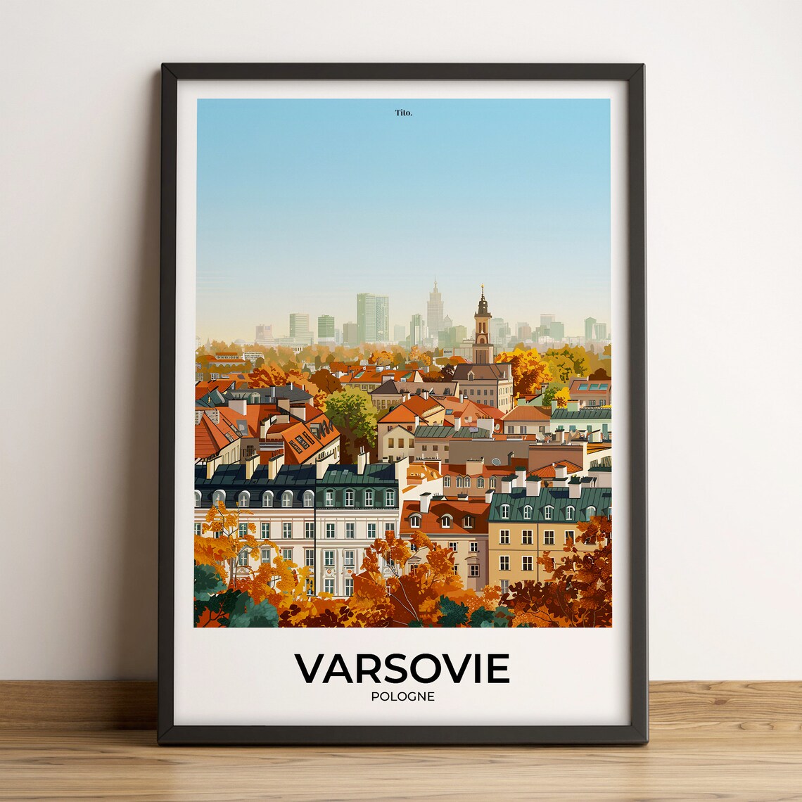 Warsaw Poland Old Town Autumn Skyline Golden Retro Travel Poster